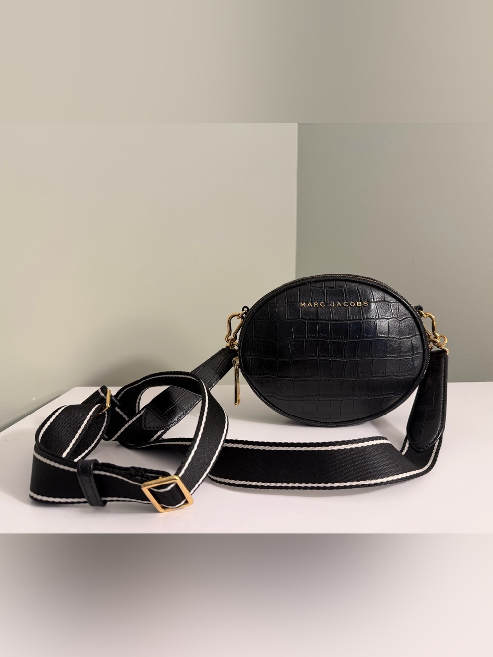 Marc Jacobs Black Croc-Embossed Oval Crossbody with Striped Strap